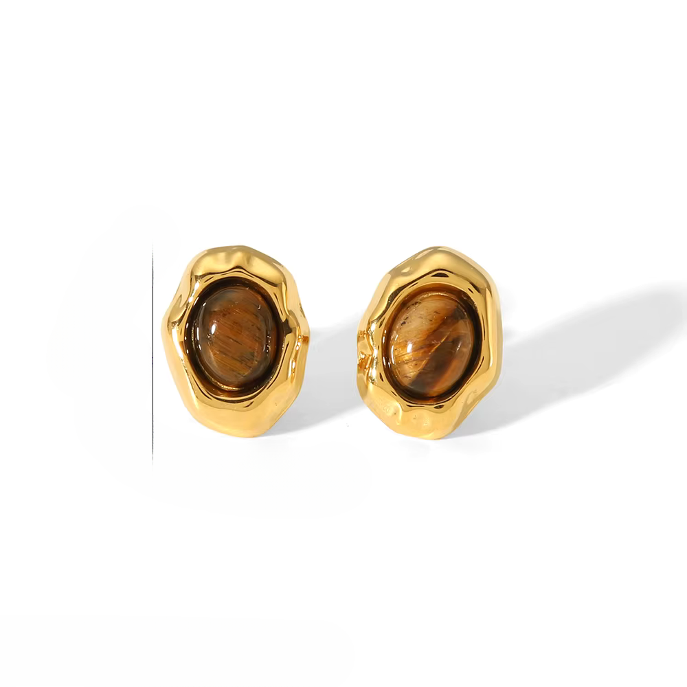 Boucles d’Oreilles en pierre naturelle Œil-de-Tigre plaqué or 18K
