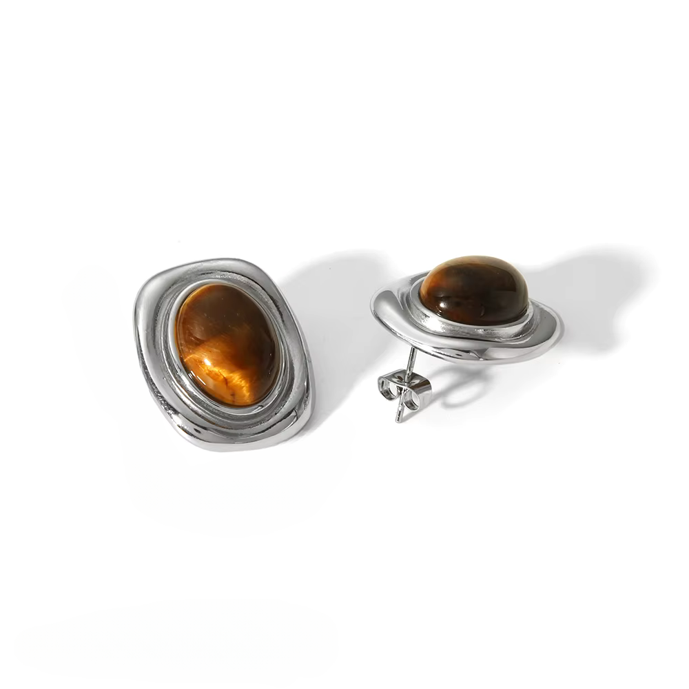 Boucles d’Oreilles en pierre naturelle Œil-de-Tigre plaqué or 18K