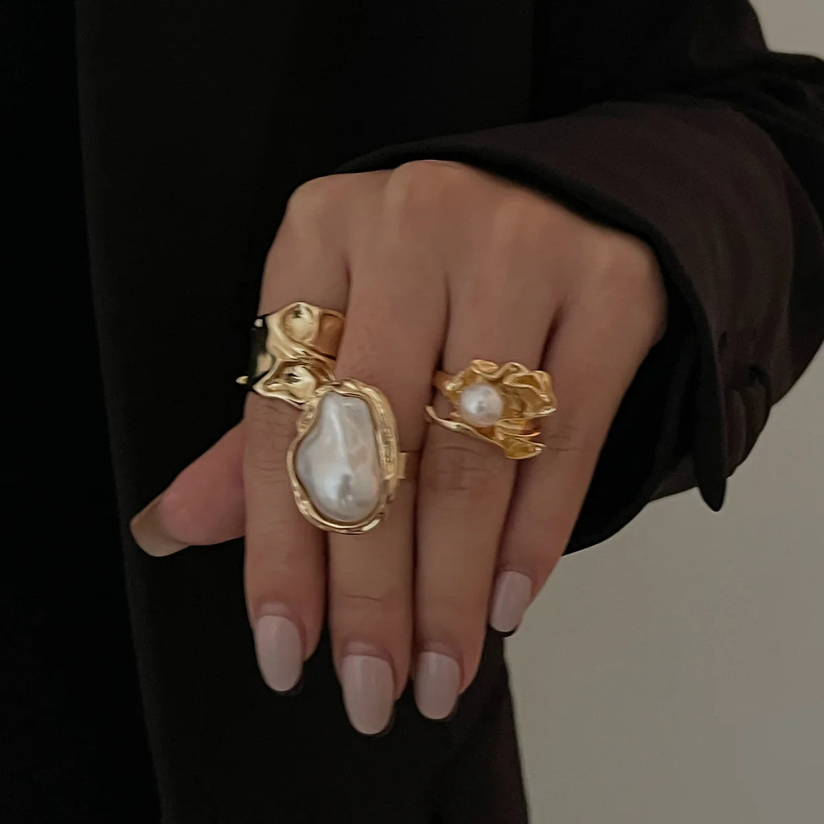 Set de 3 Bagues – Perle Baroque & Métal Doré Vintage