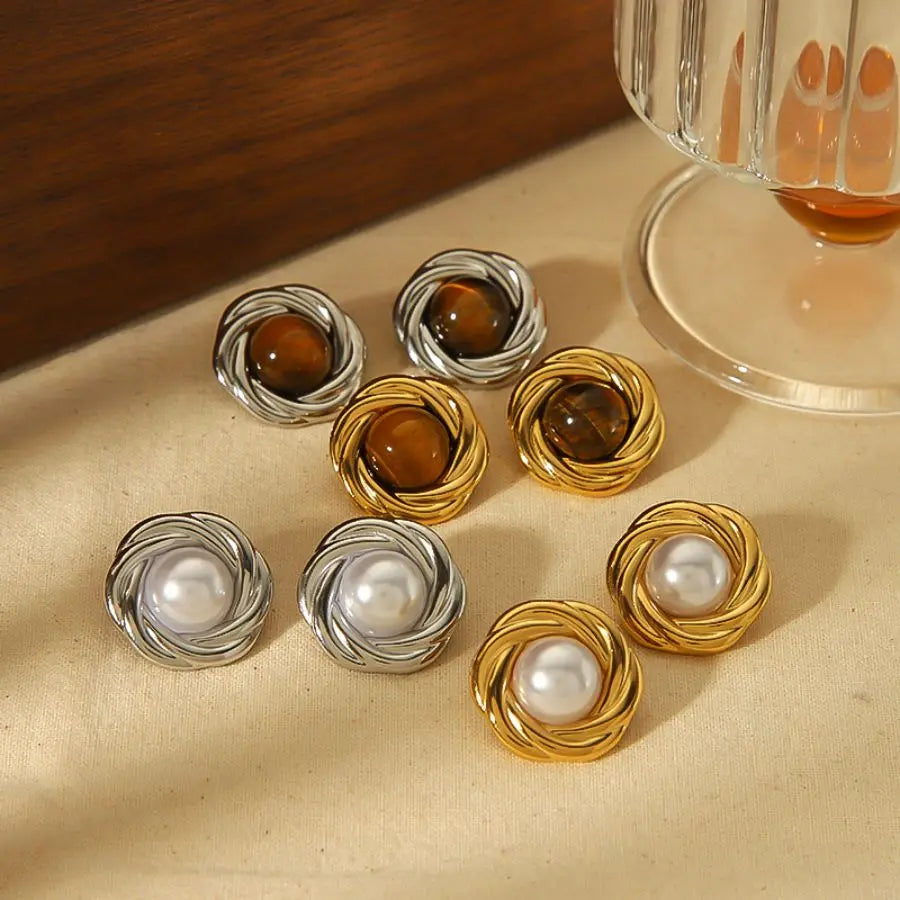 Boucles d’Oreilles en pierre naturelle Œil-de-Tigre plaqué or 18K