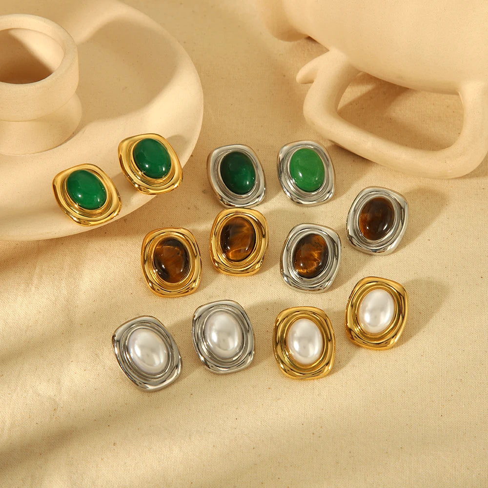 Boucles d’Oreilles en pierre naturelle Œil-de-Tigre plaqué or 18K
