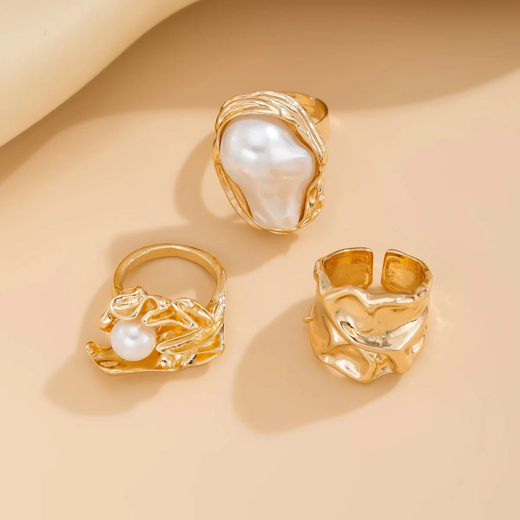 Set de 3 Bagues – Perle Baroque & Métal Doré Vintage
