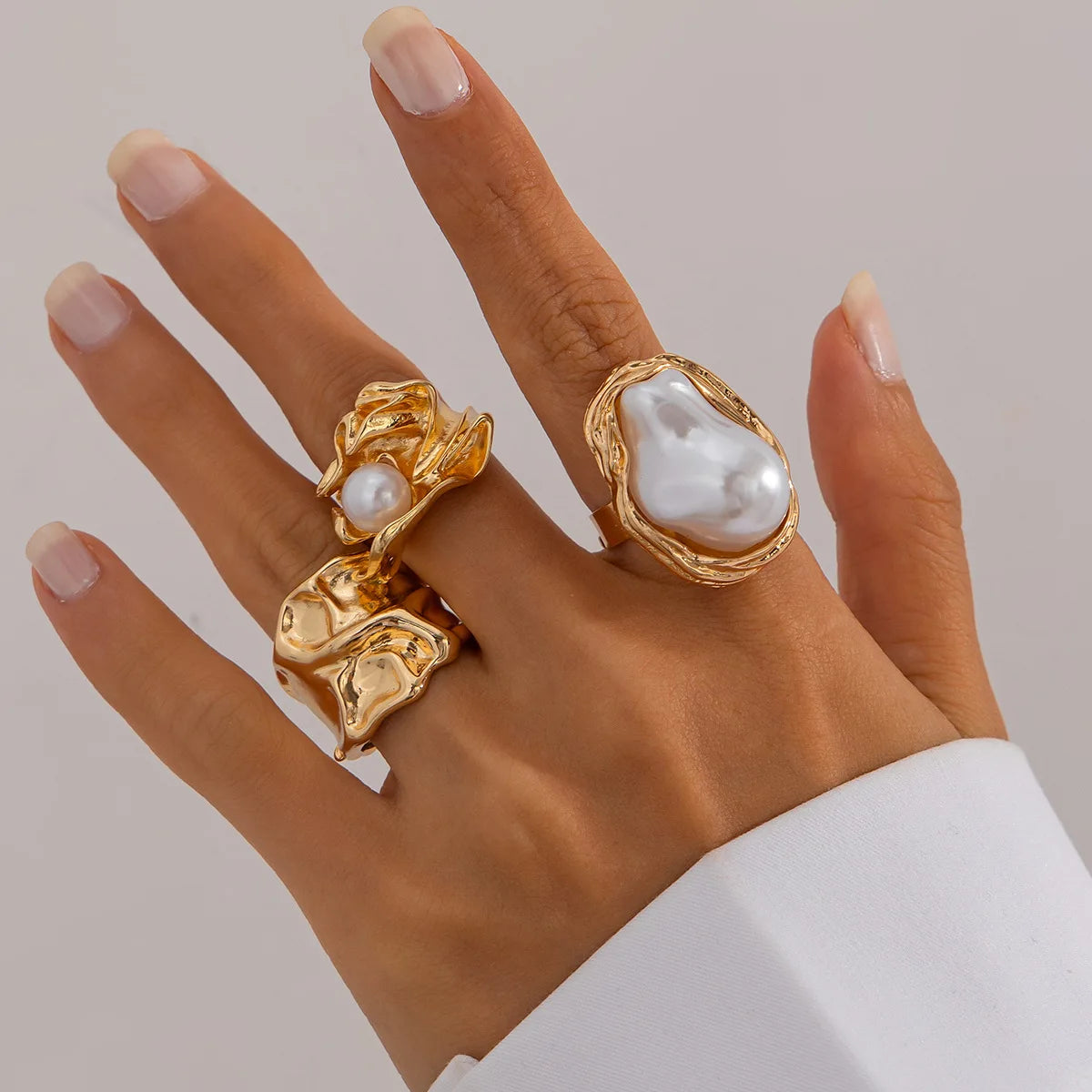 Set de 3 Bagues – Perle Baroque & Métal Doré Vintage