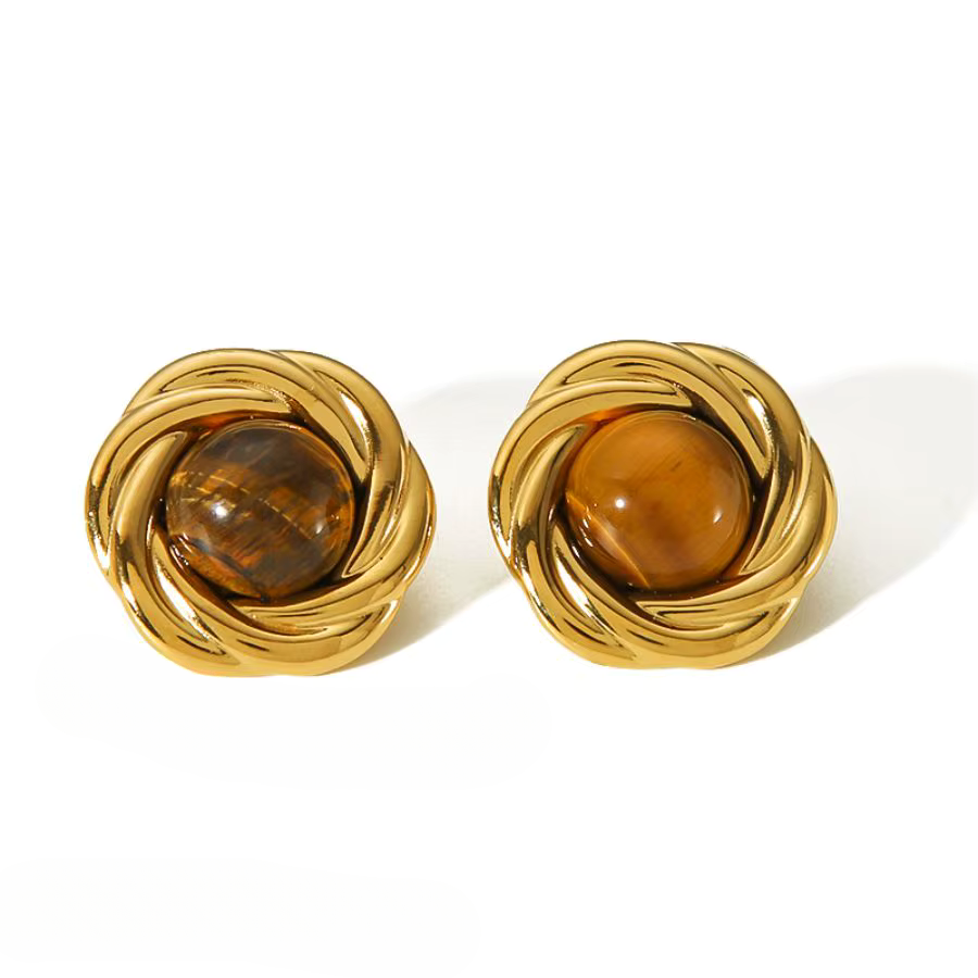 Boucles d’Oreilles en pierre naturelle Œil-de-Tigre plaqué or 18K
