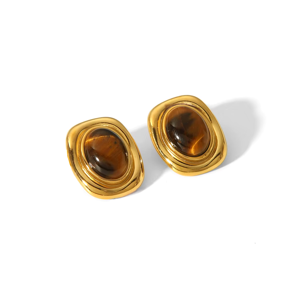 Boucles d’Oreilles en pierre naturelle Œil-de-Tigre plaqué or 18K